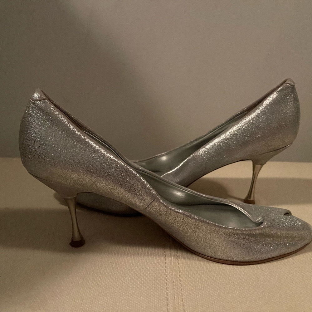 Silver open toe pumps